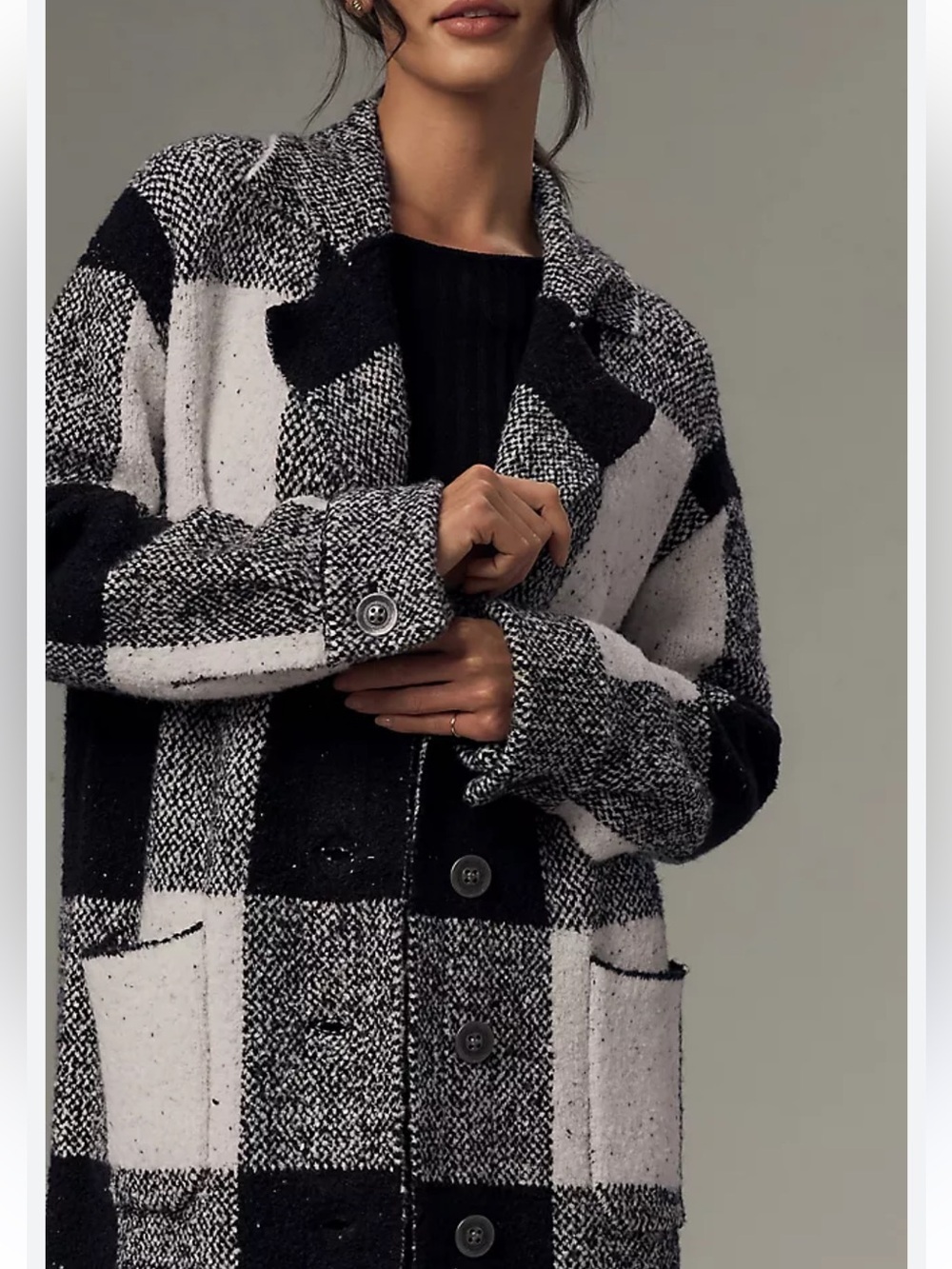 Anthropologie | Pilcro Mackinaw Knit Sweater Coat in Black White Plaid Check XSP - Picture 7 of 14